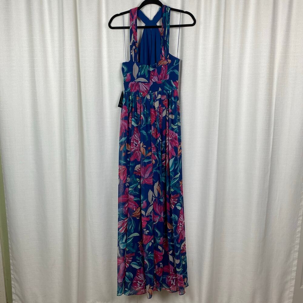Adrianna Papell Navy Multi Floral Printed Chiffon Halter Gown Sz.4 NWT - Picture 9 of 16